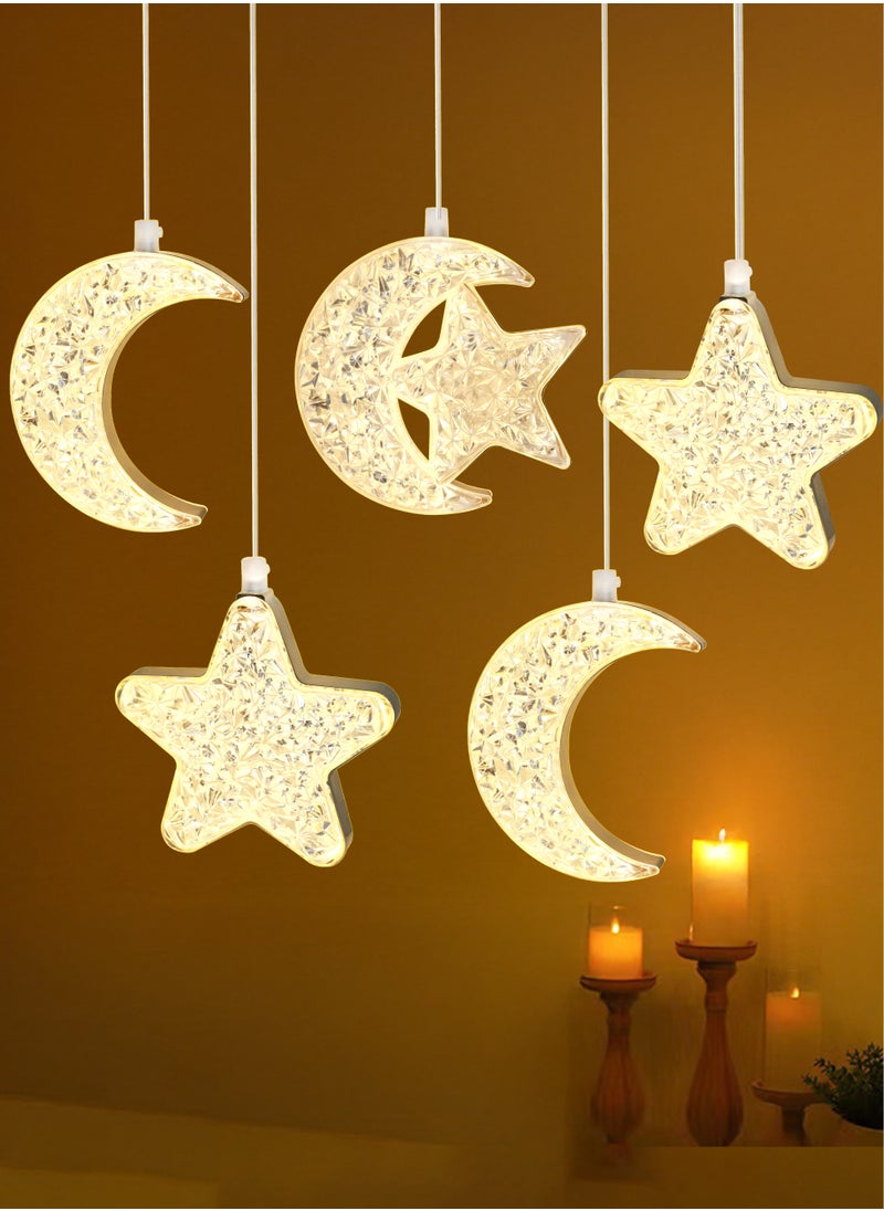 Nisf Al Qamar Crystal Ramadan lighting consisting of 5 pieces, two crescents, two stars, and a crescent with a star that operates electrically.  - Image 1