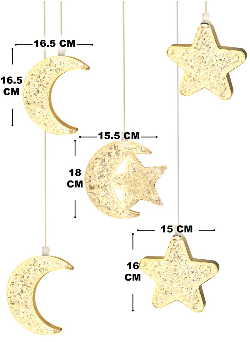 Nisf Al Qamar Crystal Ramadan lighting consisting of 5 pieces, two crescents, two stars, and a crescent with a star that operates electrically.  - Image 2