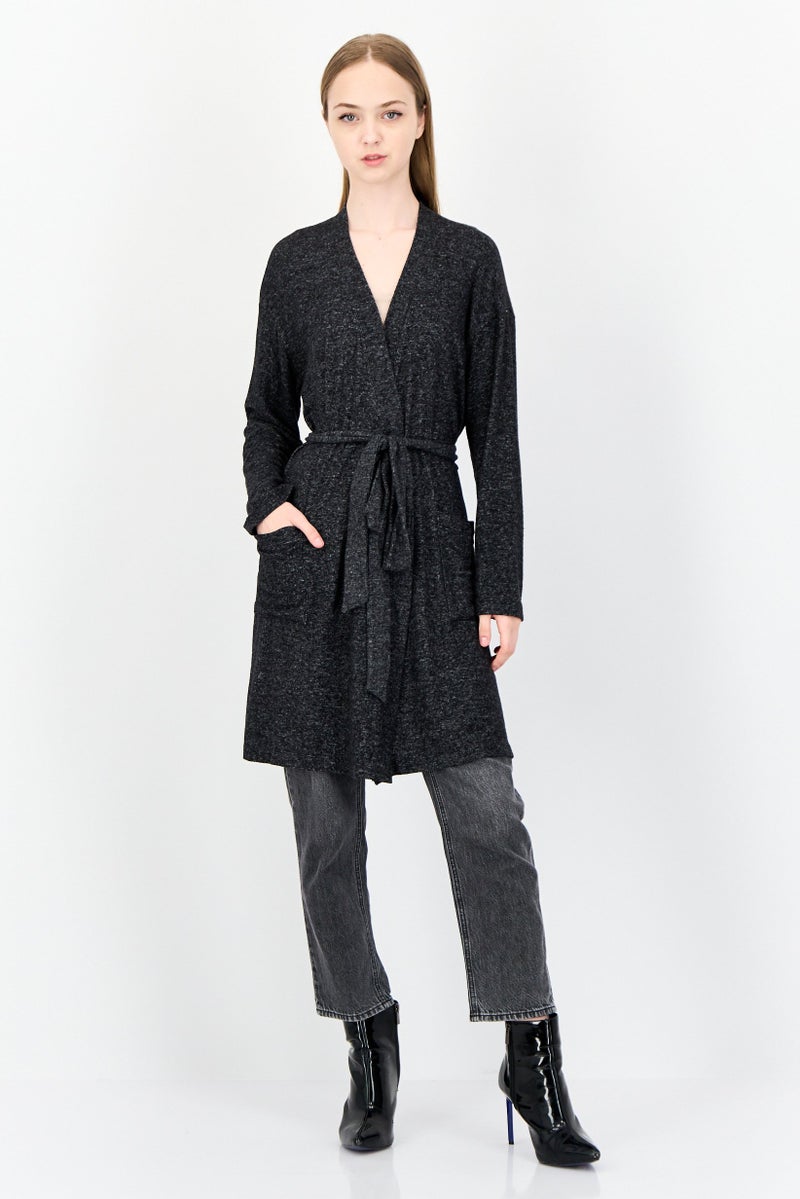 Aerie Women Textured Belted Cardigans, Black - Image 4