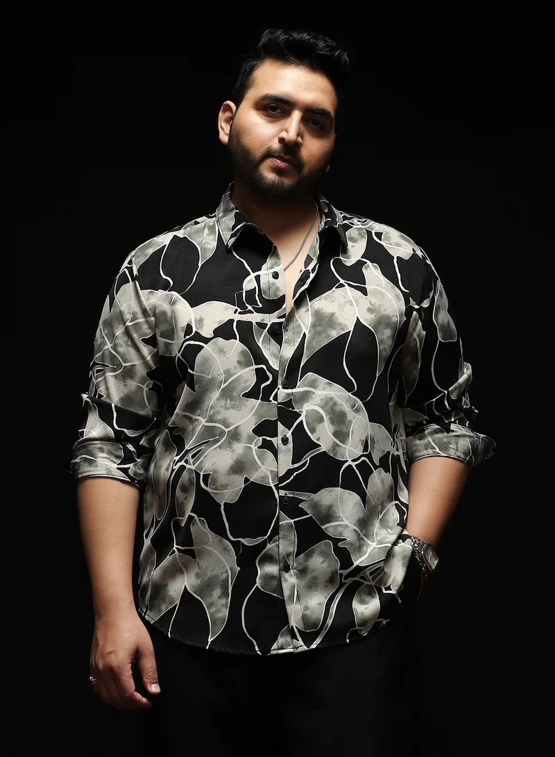Instafab Plus Instafab Plus Men's Black & Grey Artistic-Foliage Lined Imrprint Shirt | Spread Collar , Long Sleeves , Button Closure , Curved Hemline | Botanical-Print Plain Polyester For Street & Casual Wear