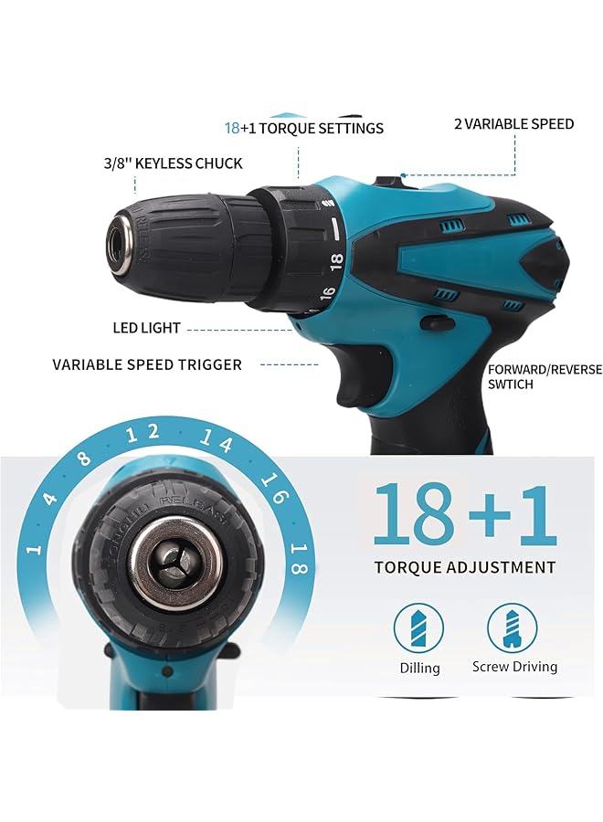 WEMART 12V Cordless Drill Set Electric Drill With Battery And Charger Home Power Drill 3 8 Inch Keyless Chuck 2 Variable Speed 18+1 Position Led Light And 24Pcs Accessories Blue - Image 2