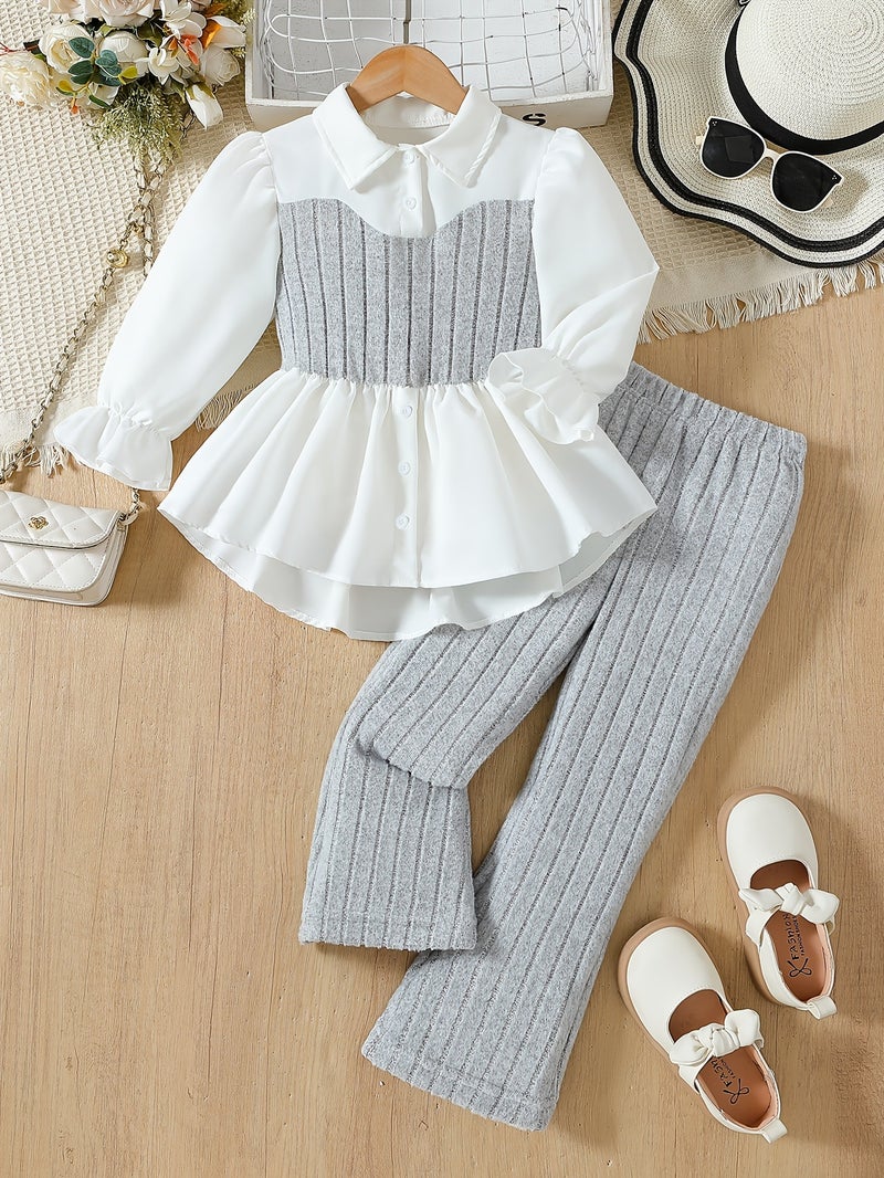Cross-border Girls suit Pink Knitted Vest Stitching Lace Shirt Woolen Striped Trousers Children Two-piece suit Gray two piece suit