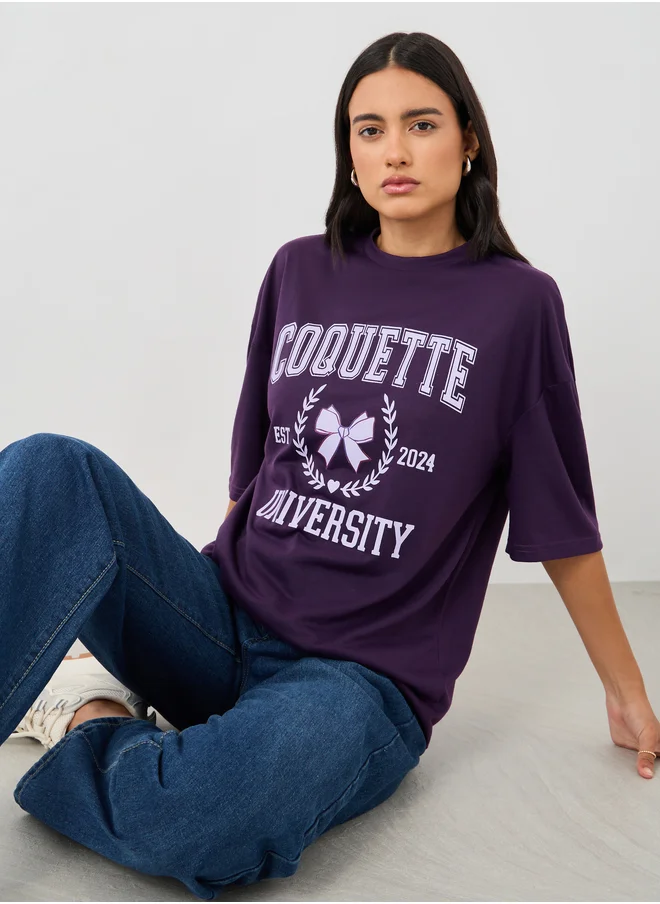 ستايلي Styli Slogan Print Round Neck Oversized T-Shirt