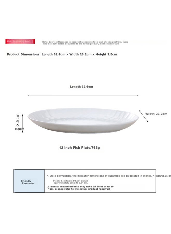 Sky Top Ceramic Fish Plate, Large Oval Serving Dish, Pure White Embossed Bone China, Home Dining Plate, 12 Inches, Crystal Series - Image 2