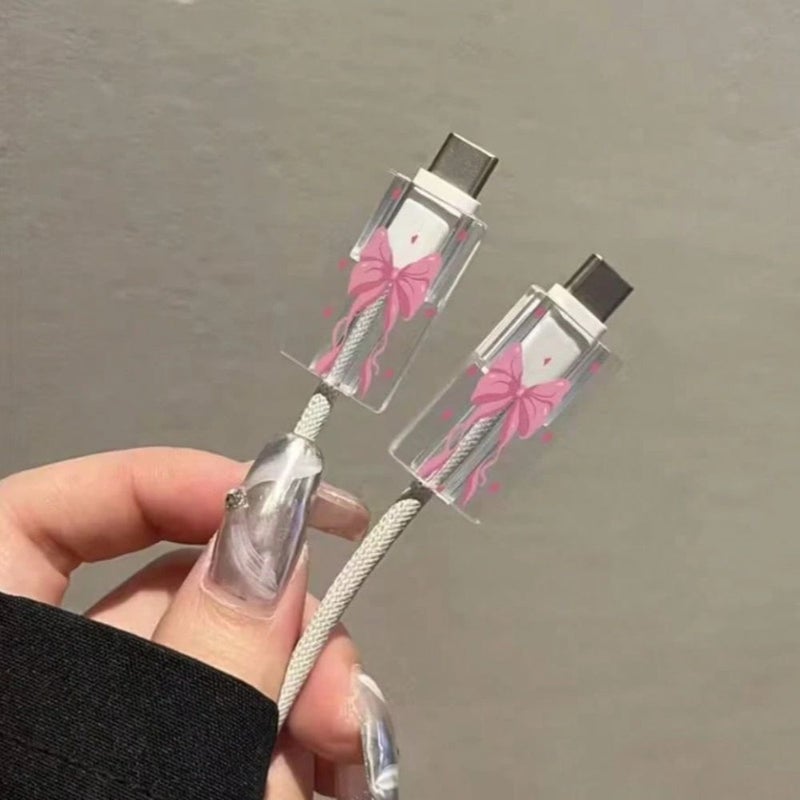 Polychrome 3 Pcs Charger Protector Cases Pink Bow Heart Flower Design Compatible with iPhone 18W 20W With Cable Cord Protector - Image 3
