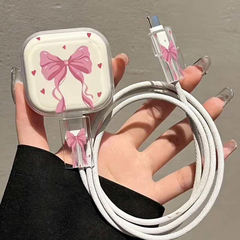 Polychrome 3 Pcs Charger Protector Cases Pink Bow Heart Flower Design Compatible with iPhone 18W 20W With Cable Cord Protector - Image 1