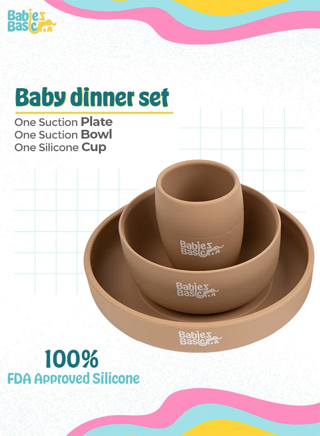 Babies Basic Silicone Plate, Bowl & Cup- Brown