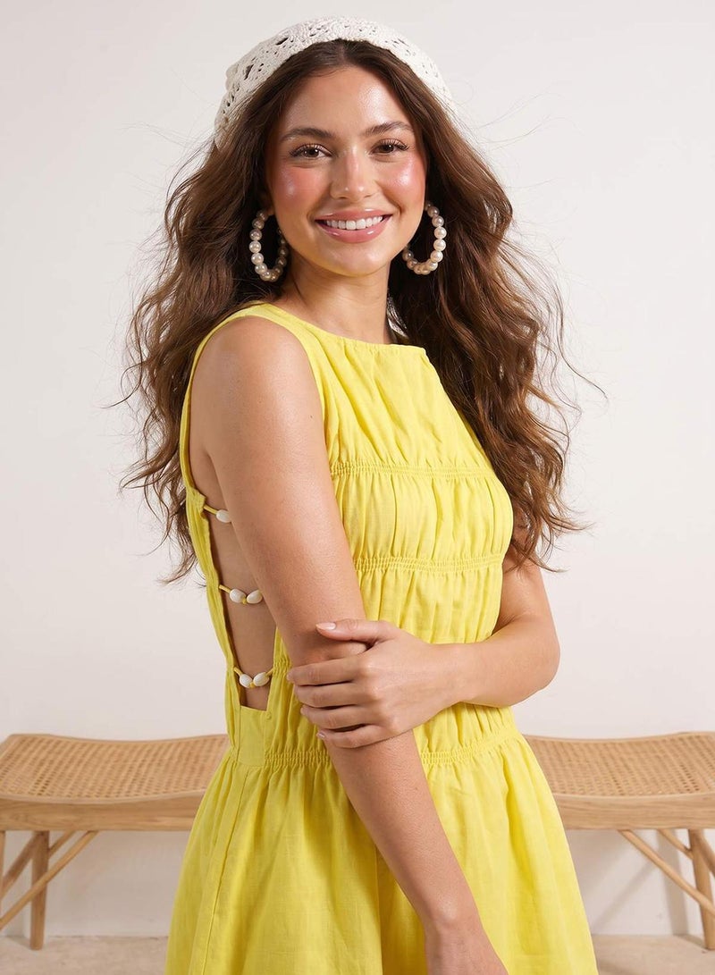 trendyol Yellow Printed A-Line Midi Woven 100% Cotton Dress - Image 3