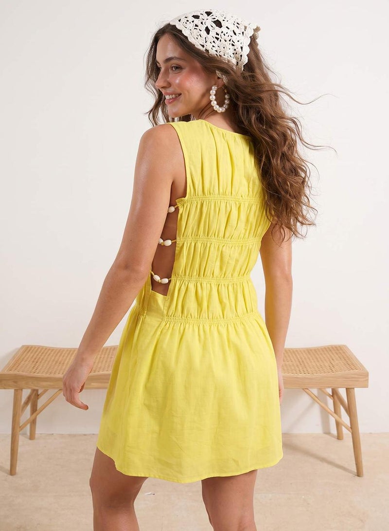 trendyol Yellow Printed A-Line Midi Woven 100% Cotton Dress - Image 2
