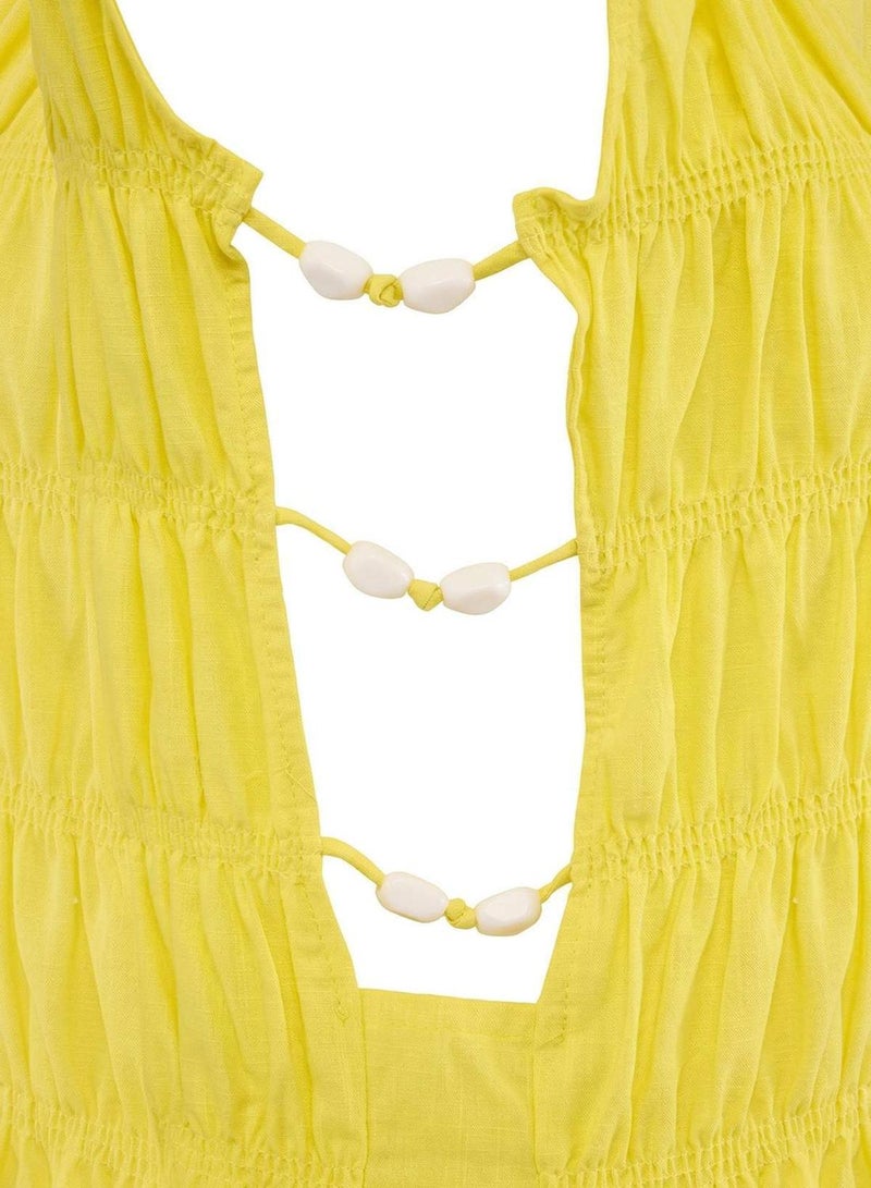 trendyol Yellow Printed A-Line Midi Woven 100% Cotton Dress - Image 4