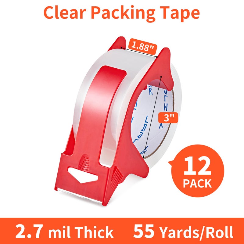 JARLINK 12 Rolls Clear Packing Tape with 2 Dispensers, Heavy Duty Packaging Tape Refills for Shipping Packaging Mailing, 2.7mil Thick, 1.88 inches Wide, 55 Yards Per Roll, 660 Total Yards - Image 2