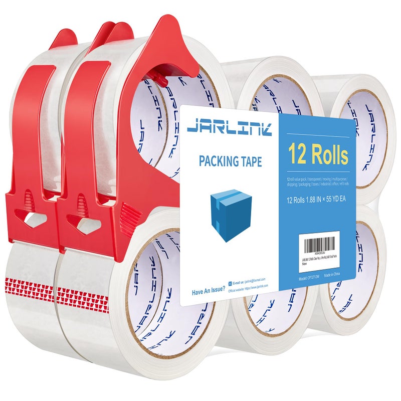 JARLINK 12 Rolls Clear Packing Tape with 2 Dispensers, Heavy Duty Packaging Tape Refills for Shipping Packaging Mailing, 2.7mil Thick, 1.88 inches Wide, 55 Yards Per Roll, 660 Total Yards - Image 1