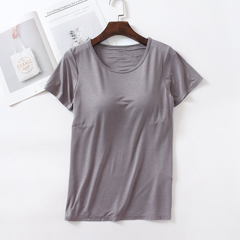 Short-Sleeved T-Shirt With Chest Pad Women'S Modal Cup One-Piece Slim-Fit Base Shirt Women'S Top Round Neck Wear-Free Bra - Image 4