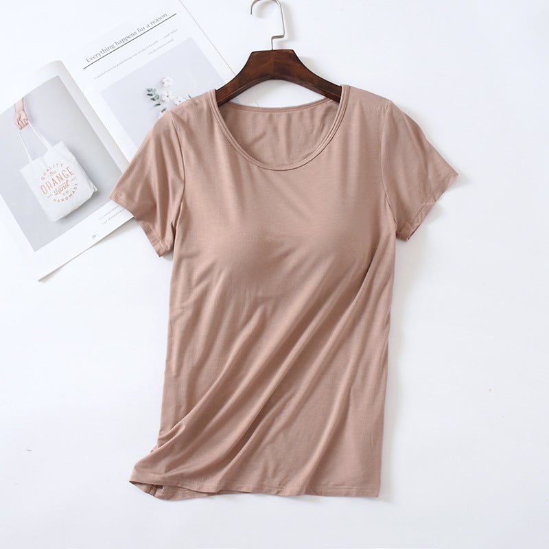 Short-Sleeved T-Shirt With Chest Pad Women'S Modal Cup One-Piece Slim-Fit Base Shirt Women'S Top Round Neck Wear-Free Bra - Image 5