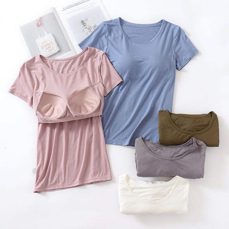 Short-Sleeved T-Shirt With Chest Pad Women'S Modal Cup One-Piece Slim-Fit Base Shirt Women'S Top Round Neck Wear-Free Bra - Image 3