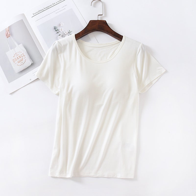 Short-Sleeved T-Shirt With Chest Pad Women'S Modal Cup One-Piece Slim-Fit Base Shirt Women'S Top Round Neck Wear-Free Bra - Image 1