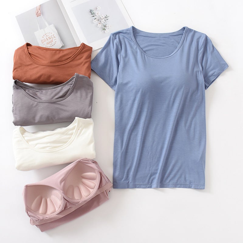Short-Sleeved T-Shirt With Chest Pad Women'S Modal Cup One-Piece Slim-Fit Base Shirt Women'S Top Round Neck Wear-Free Bra - Image 2