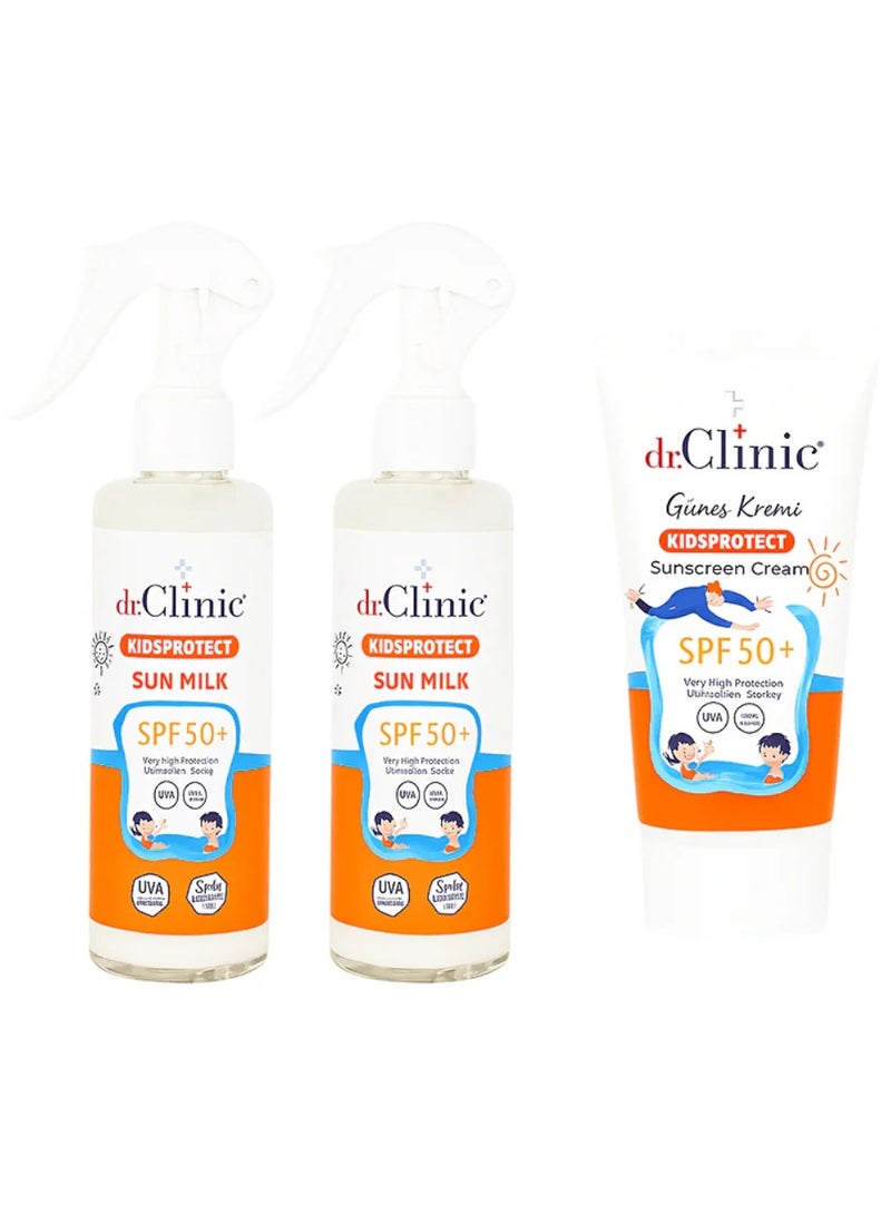 dr.Clinic Dr. Clinic Kids Safe Skincare Kit –Kids Protect Sun Milk Spf 50+ 150 ml| Kids Protect Sun Screen Cream Spf 50+ 50 ml| sunscreen lotion hydrates children's skin while protecting it from dryness caused by sun exposure, Protection against harmful UVA and UVB rays, effectively preventing sunburn | For All Skin Types