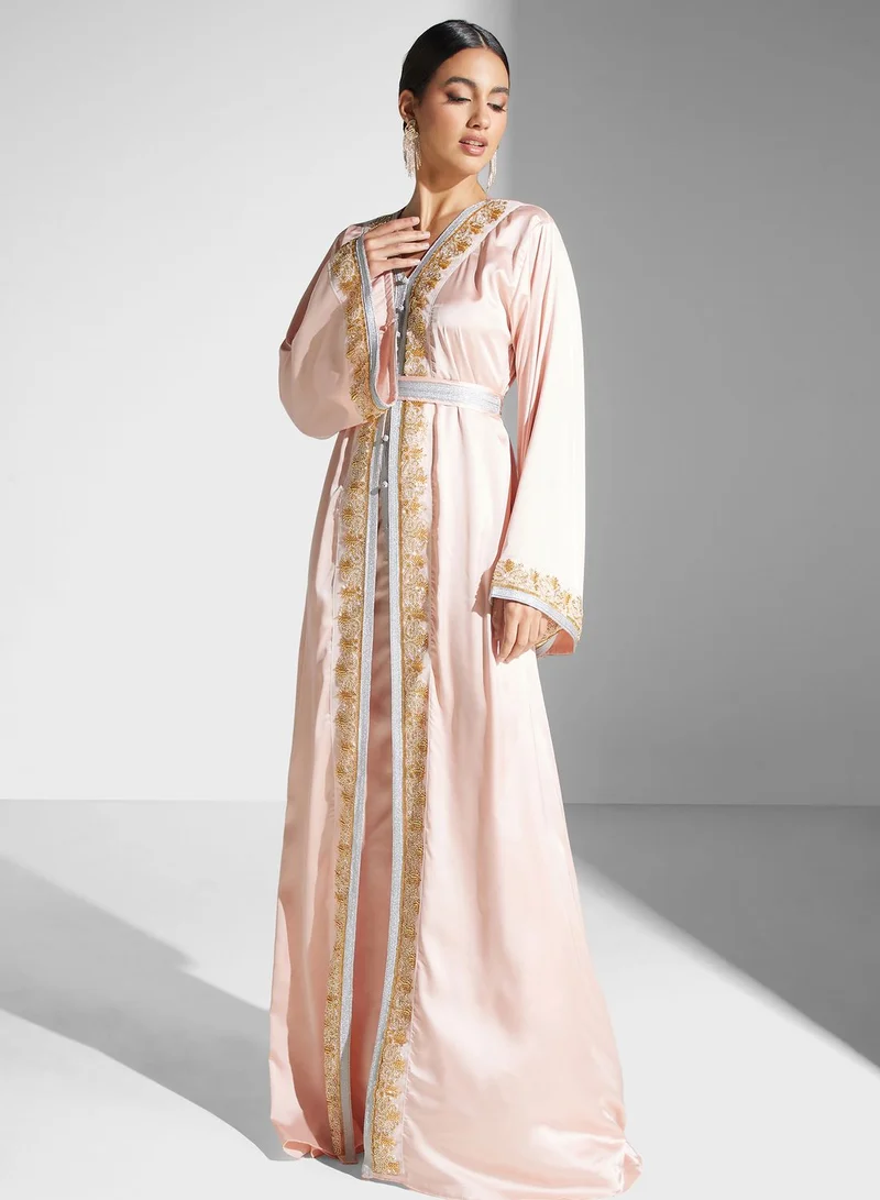 hayas closet Embroidered Satin Maxi Dress