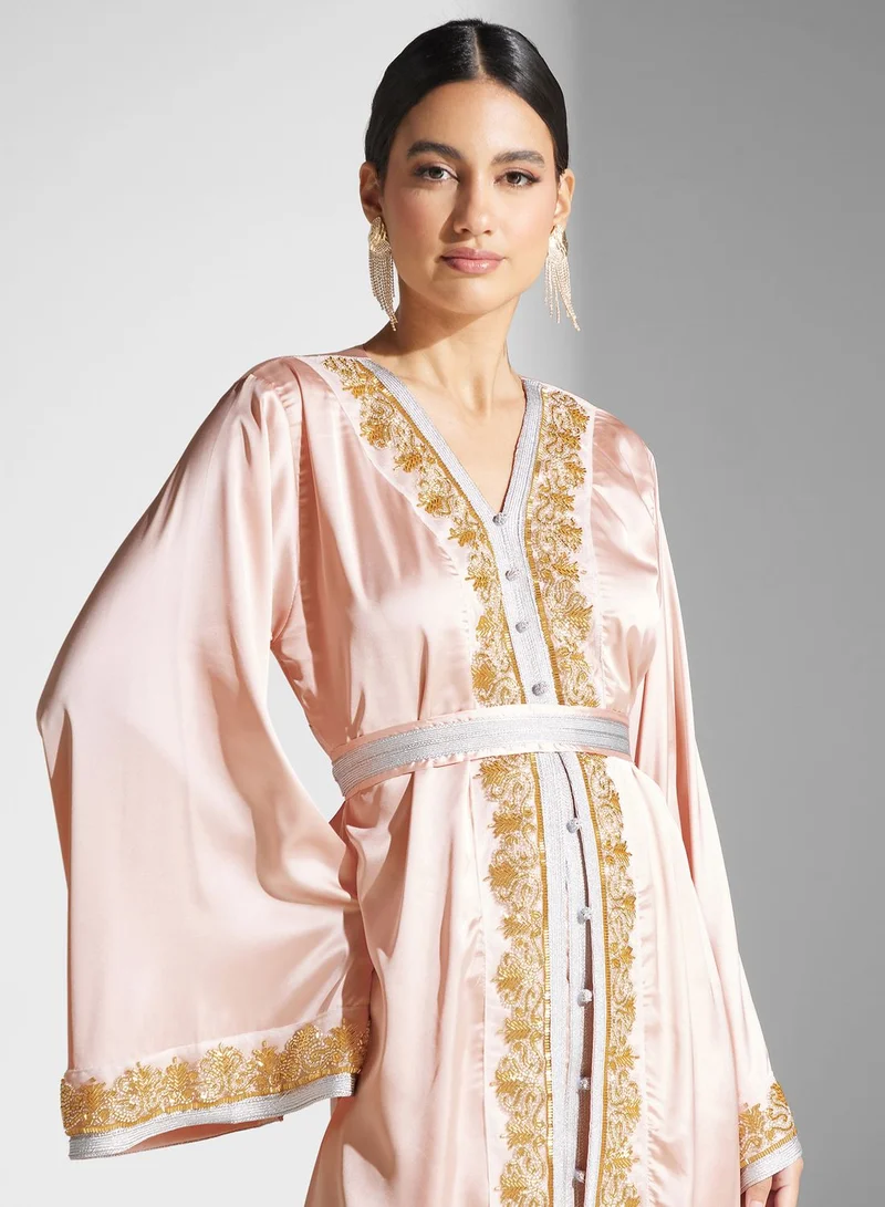 hayas closet Embroidered Satin Maxi Dress