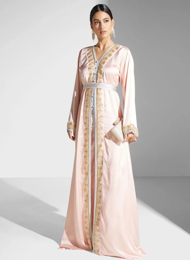 hayas closet Embroidered Satin Maxi Dress