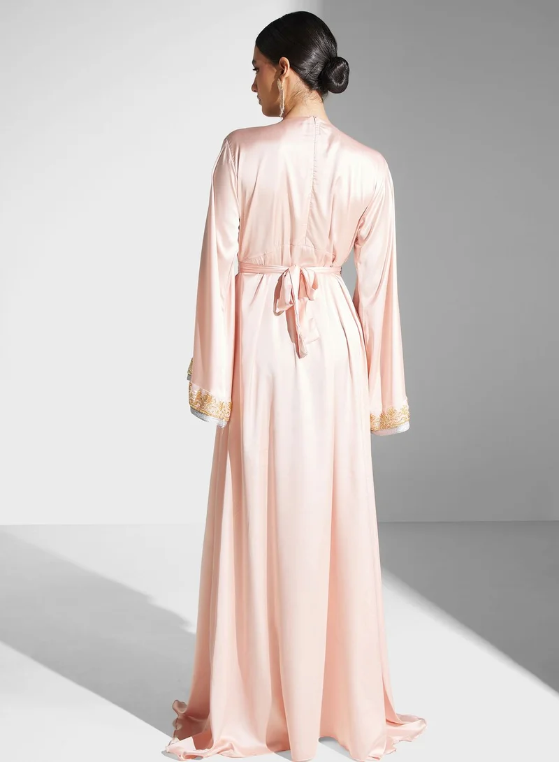 hayas closet Embroidered Satin Maxi Dress