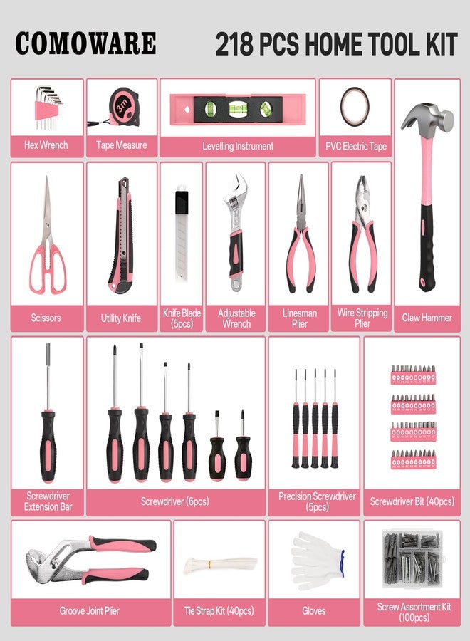 COMOWARE 218 Pcs Pink Home Tool Kit, Basic Household Hand Tool Set with Bag, Ladies Hand Tool Kit Women Home Repairing Tool Kit for Home Maintenance Daily Use Homework DIY - Image 2