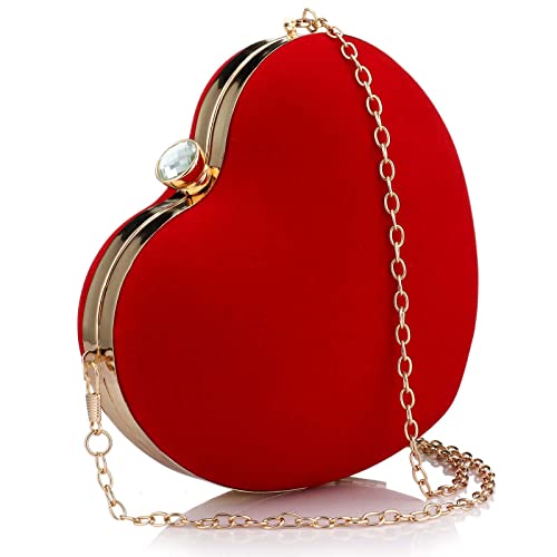 Jessie Womens Velour Heart Clutch Bag Vintage Shoulder Handbag Ladies Elegant Purse for Wedding Evening (Red) - Image 2