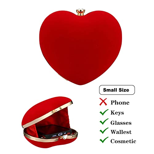 Jessie Womens Velour Heart Clutch Bag Vintage Shoulder Handbag Ladies Elegant Purse for Wedding Evening (Red) - Image 5