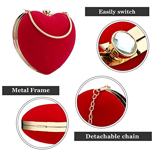 Jessie Womens Velour Heart Clutch Bag Vintage Shoulder Handbag Ladies Elegant Purse for Wedding Evening (Red) - Image 4