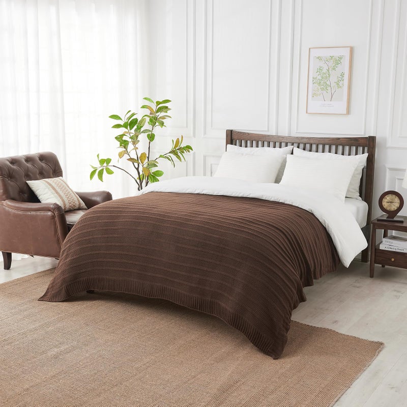 Douceur Brown Throw Blanket for Couch, Soft Cozy Lightweight Stripe Pattern Knitted Throw Blanket for Sofa, Living Room Gift, 50"X60" - Image 3