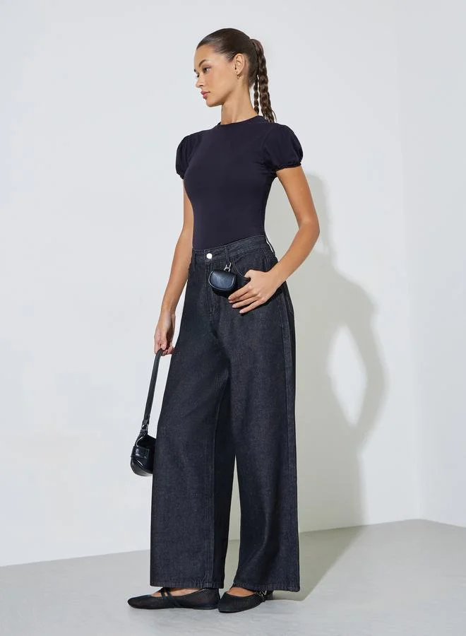 Styli Black Solid Puff Sleeves T-Shirt