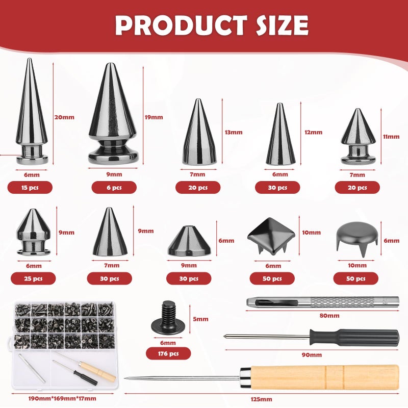 Jollidecor 455 PCS Black Studs for Clothing, 10 Size Metal Spikes and Studs Leather Rivets for Craft, Square Pyramid Studs Round Dome Rivets DIY Punk Style Decoration for Clothes Belts Dog Collar - Image 3