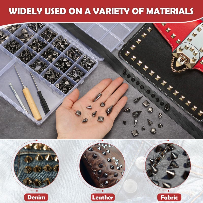 Jollidecor 455 PCS Black Studs for Clothing, 10 Size Metal Spikes and Studs Leather Rivets for Craft, Square Pyramid Studs Round Dome Rivets DIY Punk Style Decoration for Clothes Belts Dog Collar - Image 5