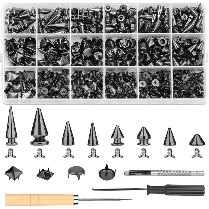 Jollidecor 455 PCS Black Studs for Clothing, 10 Size Metal Spikes and Studs Leather Rivets for Craft, Square Pyramid Studs Round Dome Rivets DIY Punk Style Decoration for Clothes Belts Dog Collar - Image 1