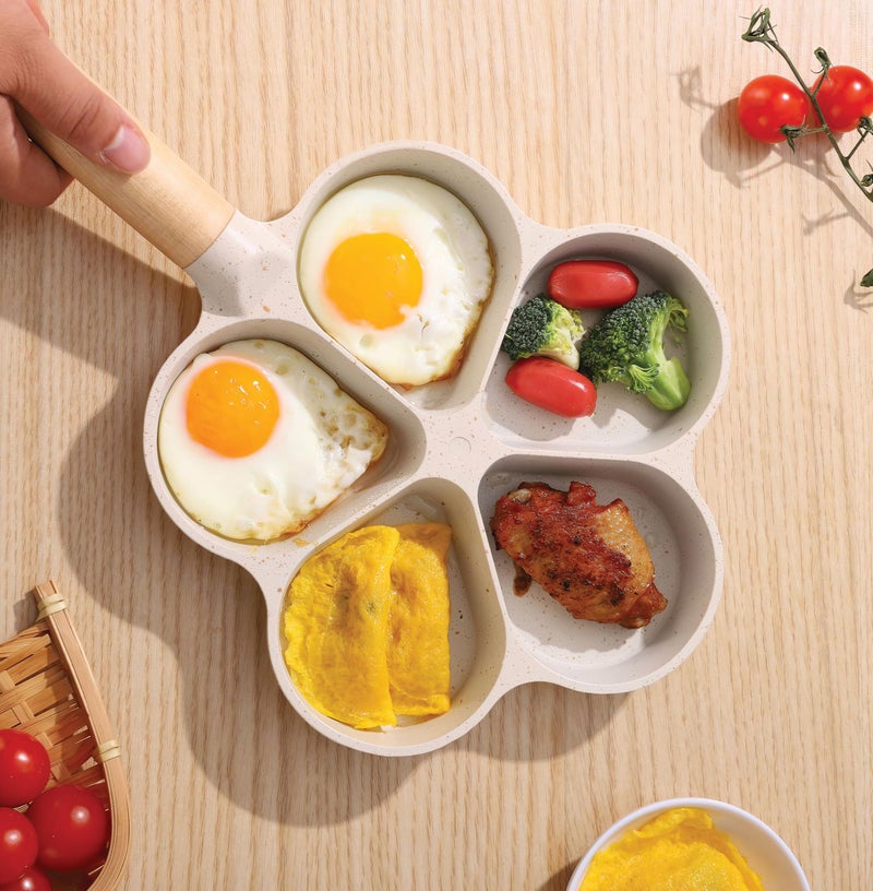 Wellway Flower Shape Non-Stick Frying – 4 Section Granite & Maifan Stone Cookware | Multi-Compartment Egg, Uttapam & Japanese Omelette Maker with Wooden Handle, Easy Clean Coating - Image 3