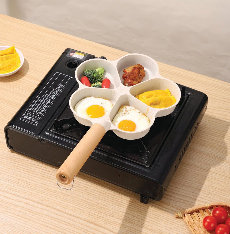 Wellway Flower Shape Non-Stick Frying – 4 Section Granite & Maifan Stone Cookware | Multi-Compartment Egg, Uttapam & Japanese Omelette Maker with Wooden Handle, Easy Clean Coating - Image 2