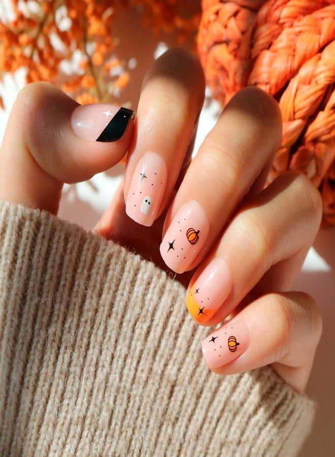 Glamnetic Press On Nails - Tiny Pumpkin | Short Squoval French Tip Fake Nails with Pumpkin Graphics & Glossy Finish, Salon Quality Halloween Nails | 15 Sizes - 30 Nail Kit with Glue - Image 1
