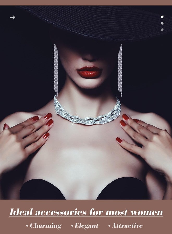 MTLEE 4 Pieces Women Rhinestone Evening Clutch Bag Bling Ear Clips Bracelet Necklace Crystal Silver Jewelry Set Glitter Triangle Purse for Bride Wedding Christmas Formal Party Prom - Image 4