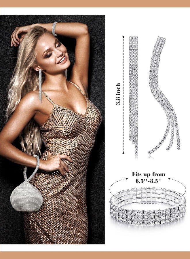 MTLEE 4 Pieces Women Rhinestone Evening Clutch Bag Bling Ear Clips Bracelet Necklace Crystal Silver Jewelry Set Glitter Triangle Purse for Bride Wedding Christmas Formal Party Prom - Image 5