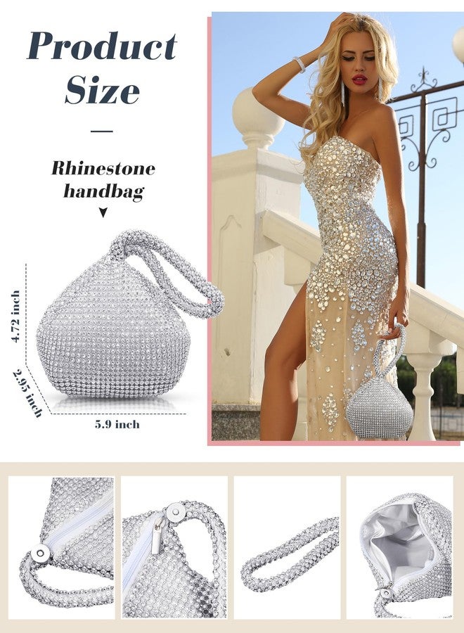 MTLEE 4 Pieces Women Rhinestone Evening Clutch Bag Bling Ear Clips Bracelet Necklace Crystal Silver Jewelry Set Glitter Triangle Purse for Bride Wedding Christmas Formal Party Prom - Image 2