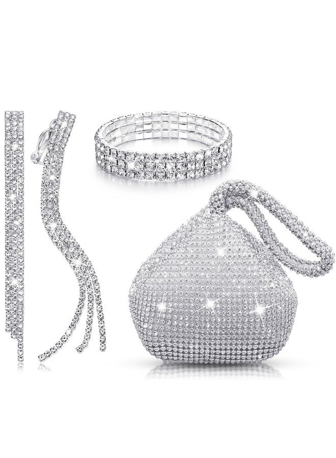 MTLEE 4 Pieces Women Rhinestone Evening Clutch Bag Bling Ear Clips Bracelet Necklace Crystal Silver Jewelry Set Glitter Triangle Purse for Bride Wedding Christmas Formal Party Prom - Image 1