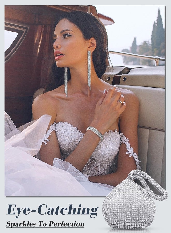 MTLEE 4 Pieces Women Rhinestone Evening Clutch Bag Bling Ear Clips Bracelet Necklace Crystal Silver Jewelry Set Glitter Triangle Purse for Bride Wedding Christmas Formal Party Prom - Image 3