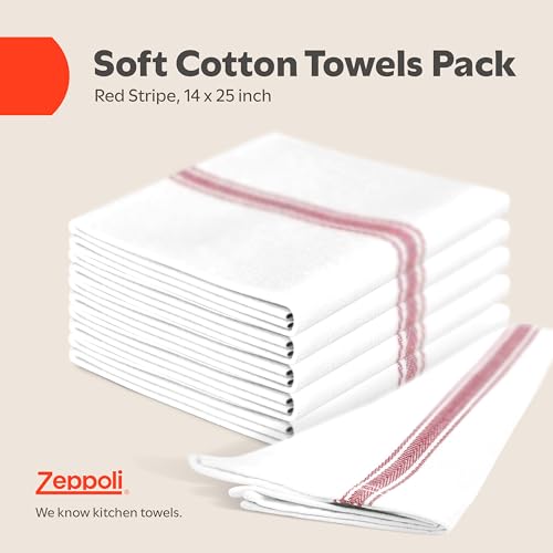 Zeppoli Classic Kitchen Towels - 30 Pack 100% Natural Cotton Towel Set, Reusable Wash Cloths, Absorbent Dish Towels, Machine Washable Hand Towels, Kitchen Essentials - 14” by 25” - Red Striped - Image 2