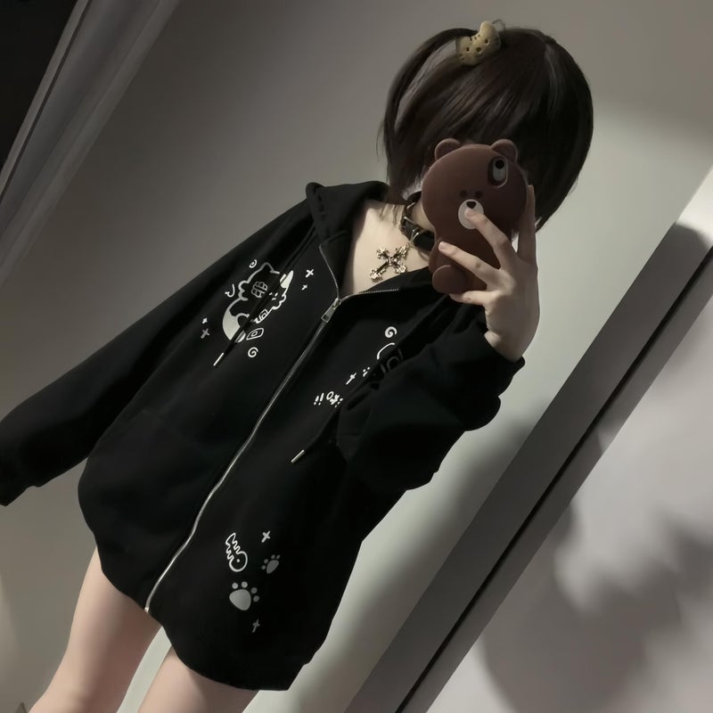 Dynict Womens Y2K Zip Up Cute Graphic Hoodies Cat Ears Casual Cartoon Harajuku Kawaii Clothes Oversize Streetwear Jacket (US, Alpha, Medium, Regular, Regular, Black) - Image 4