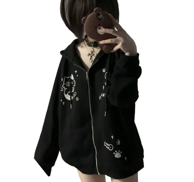 Dynict Womens Y2K Zip Up Cute Graphic Hoodies Cat Ears Casual Cartoon Harajuku Kawaii Clothes Oversize Streetwear Jacket (US, Alpha, Medium, Regular, Regular, Black) - Image 1