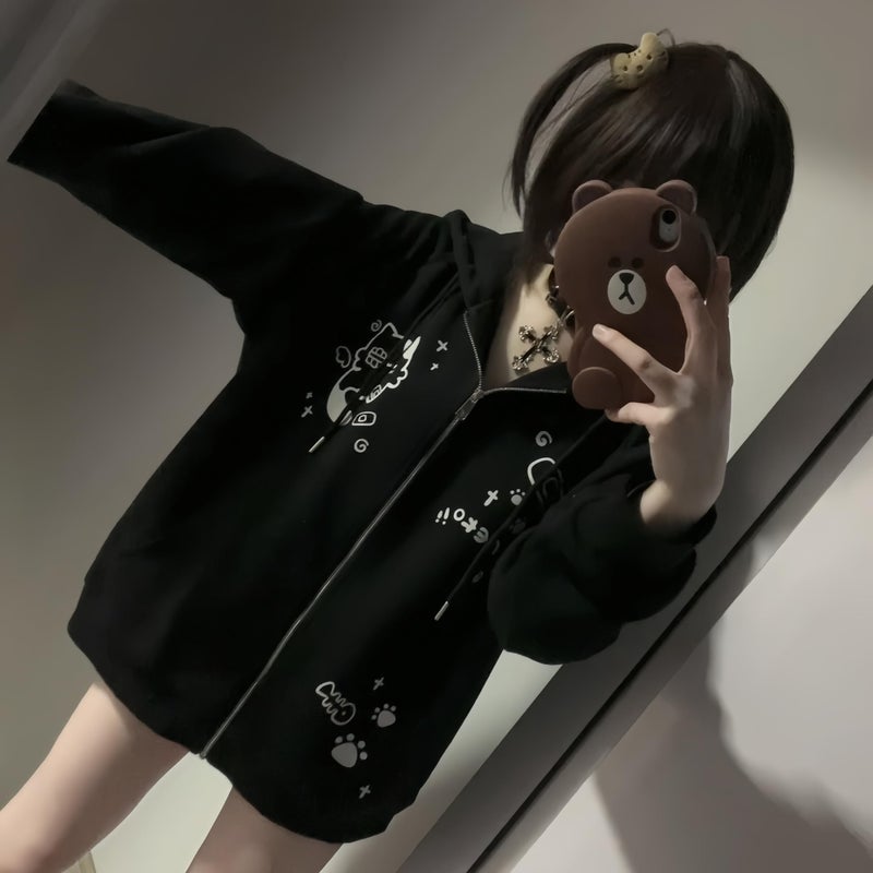 Dynict Womens Y2K Zip Up Cute Graphic Hoodies Cat Ears Casual Cartoon Harajuku Kawaii Clothes Oversize Streetwear Jacket (US, Alpha, Medium, Regular, Regular, Black) - Image 5