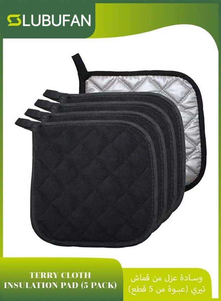 LUBUFAN 5 PCS Pot Holders for Kitchen, Cotton Potholers with Great Heat Resistance, Hot Pads, Trivets for Cooking and Baking (Black) - Image 1