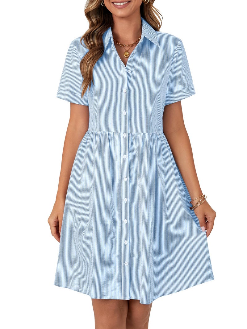 Rooscier Women's Collared Neck Striped Shirt Dress Button Down Short Sleeve Mini Dress Solid Blue Small - Image 1