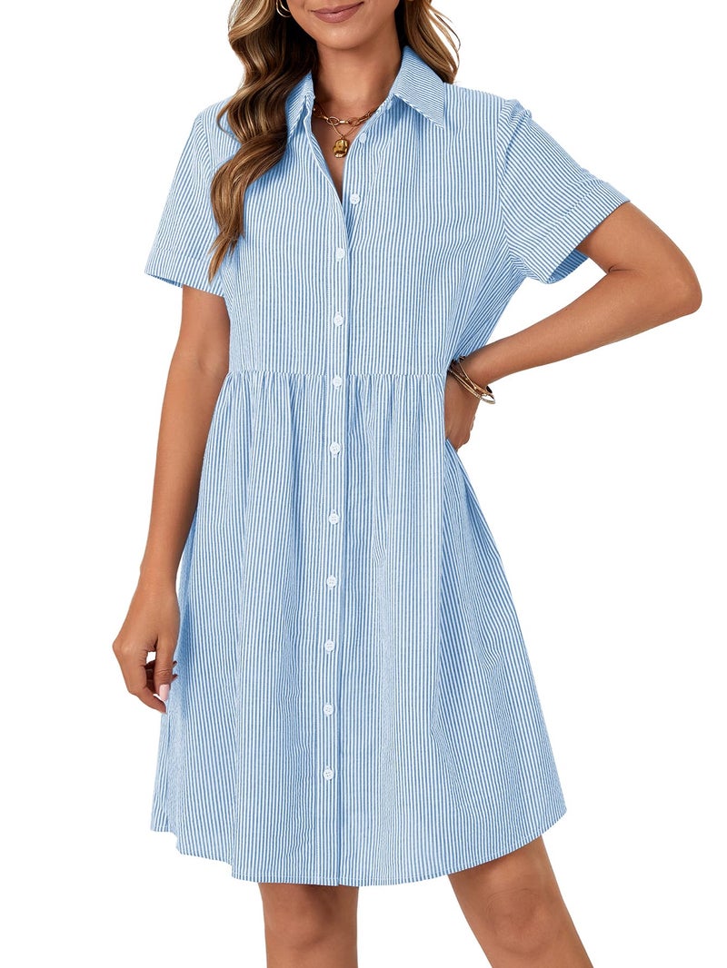 Rooscier Women's Collared Neck Striped Shirt Dress Button Down Short Sleeve Mini Dress Solid Blue Small - Image 3